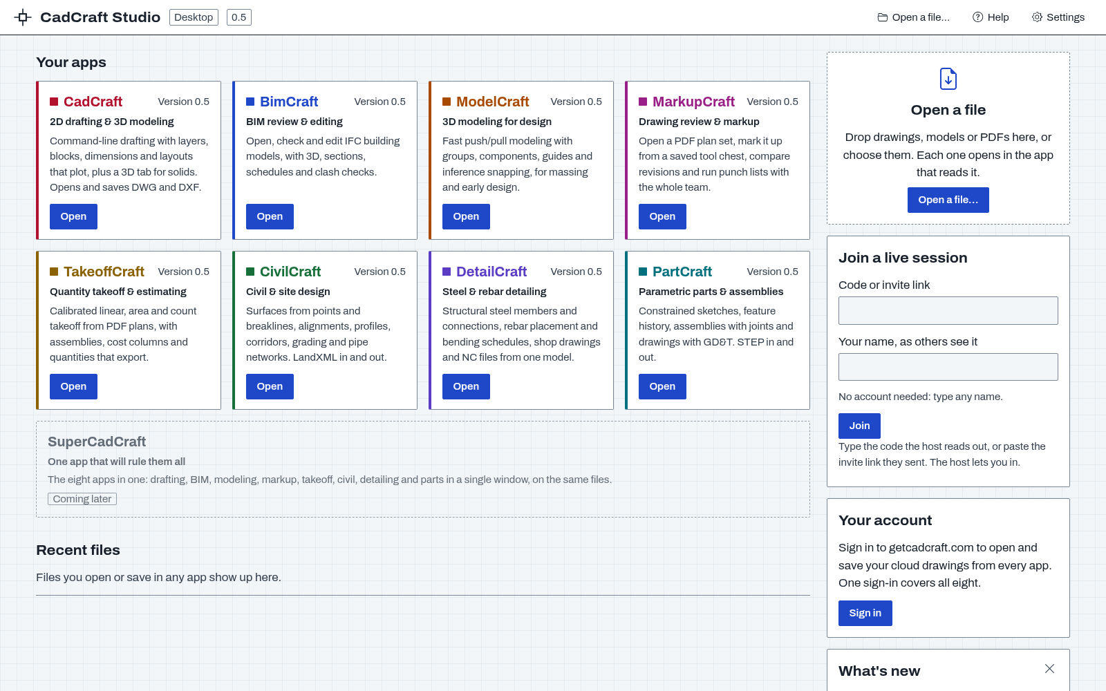 CadCraft Studio's home screen: the eight apps as tiles, a box to open a file, and a panel to join a live session.